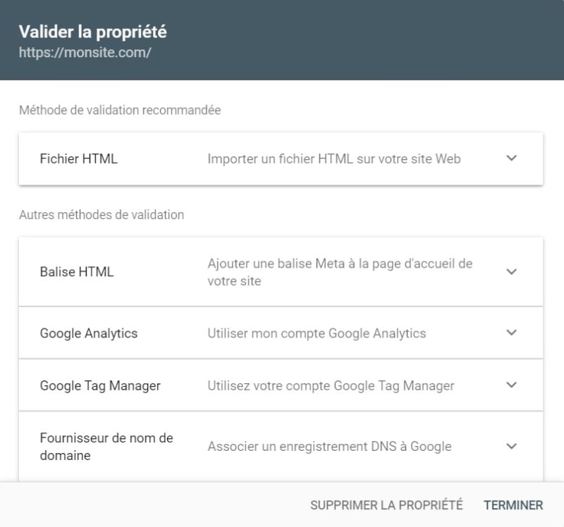 Validation propriété Search Console