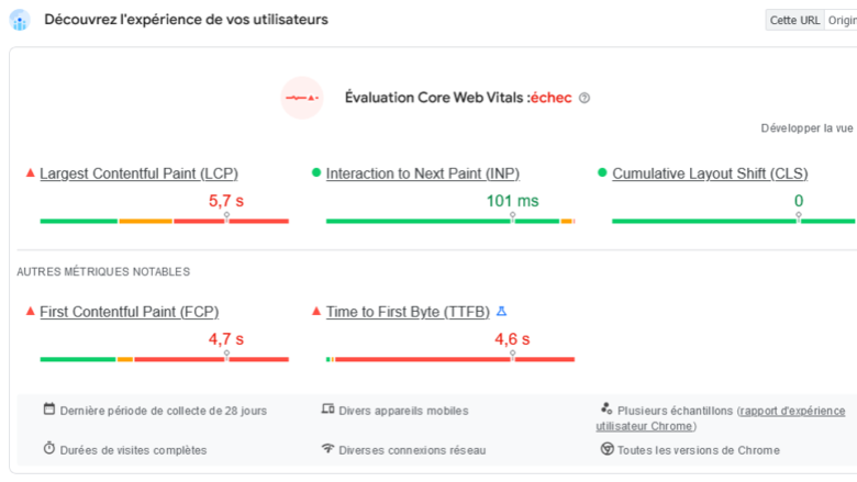 Résultats des Core Web vitals d'un site